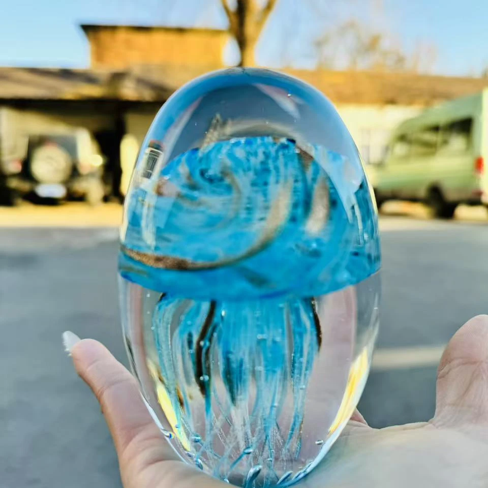 纯手工热塑琉璃精品蓝金色水母摆件【陶瓷琉璃茶周边】