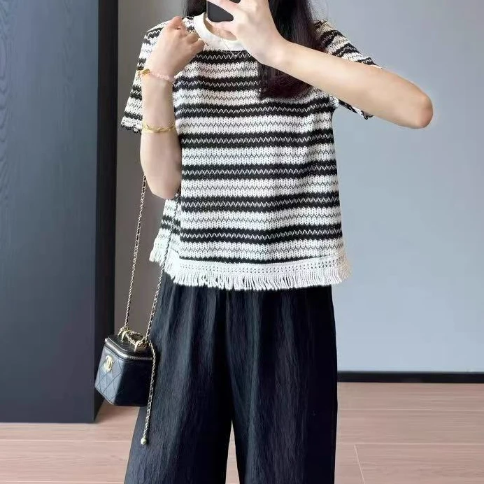 撞色波浪纹镂空流苏毛边显瘦遮肉减龄百搭针织上衣女H6514