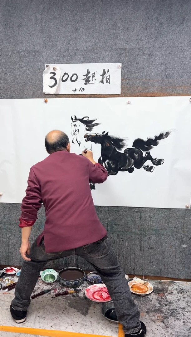 国画三骏雄风  带收藏证书 180X95cm