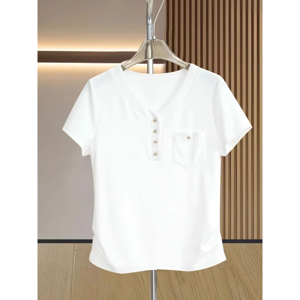 高级感V领简约T恤显瘦时尚百搭短袖褶皱设计感t恤上衣女2025夏季