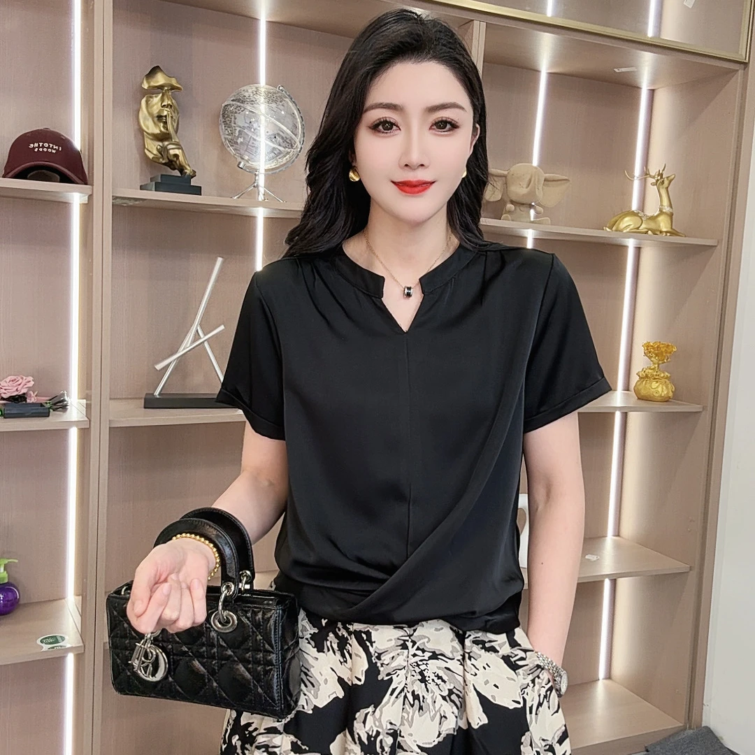 【众帆女装】2509夏款时尚休闲百搭气质潮流V领不起球常规短袖上衣