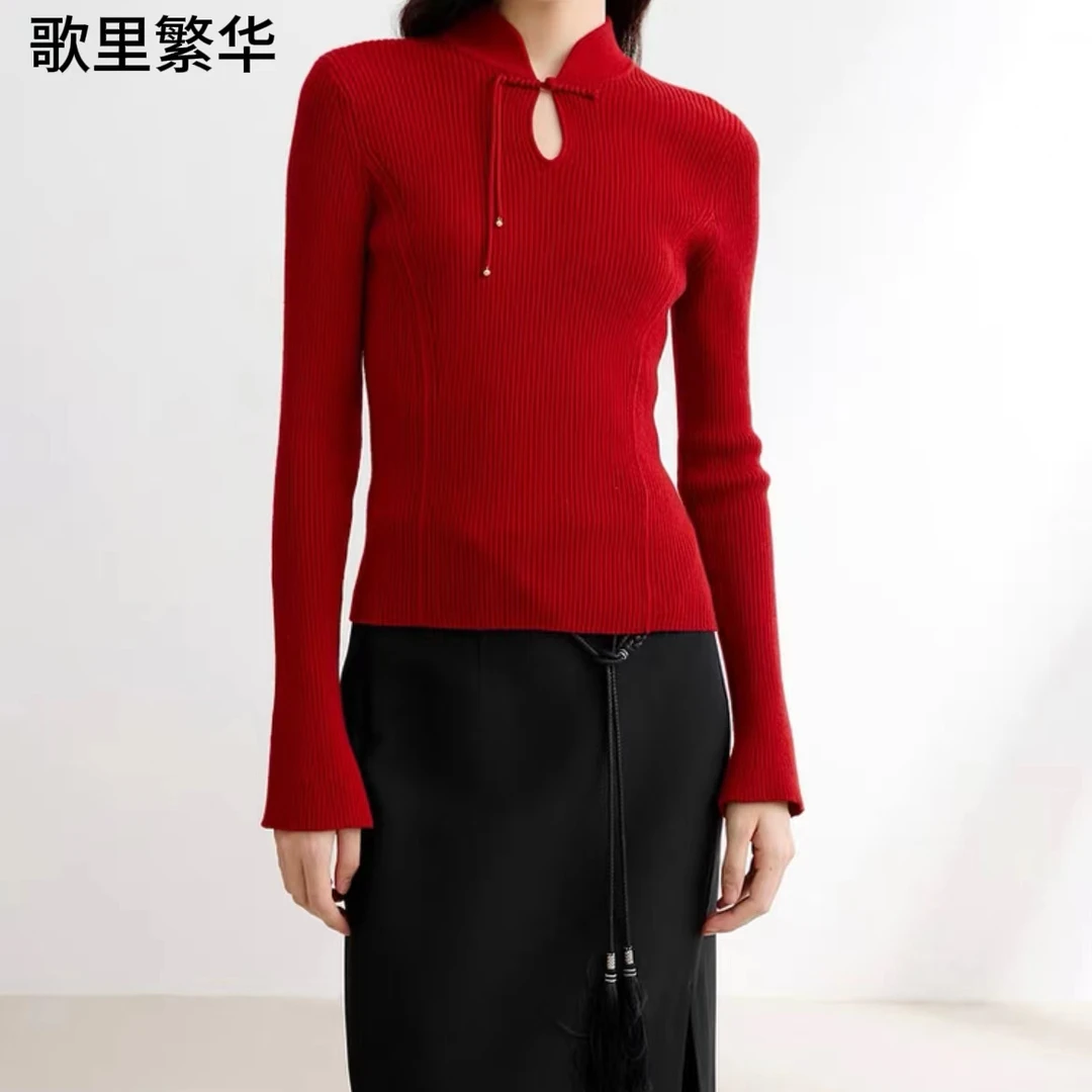 [莉莉专属]E+新年限定系列羊绒衫红色羊毛混纺盘扣针织衫0888