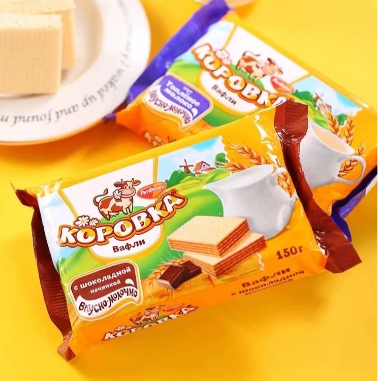 俄罗斯进口小牛牌 炼乳/巧克力/花生酥糖味 夹心威化饼干150g