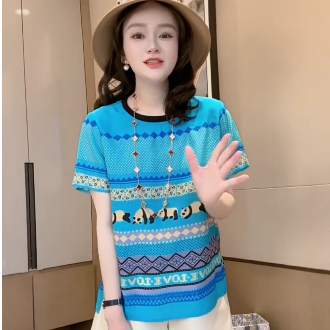 【丝芙玉禄】（F482）100%真丝双绉条纹创意熊猫桑蚕丝t恤上衣