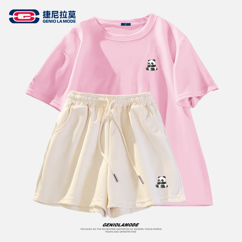 捷尼拉莫时尚套装纯棉短袖t恤女百搭针织五分裤两件套宽松休闲风