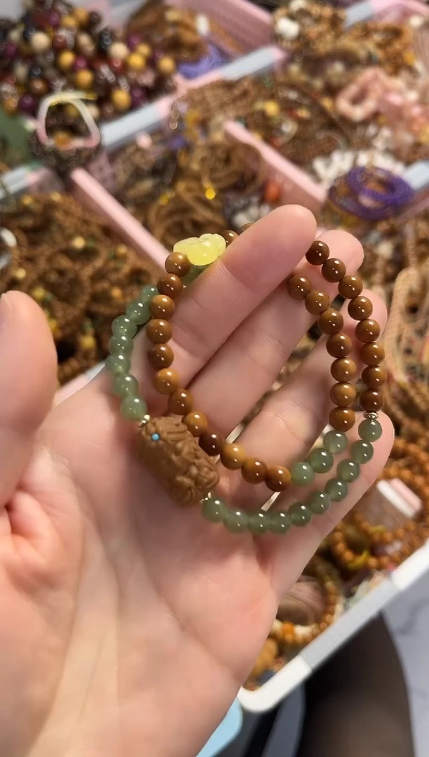 未镶嵌手串和田玉库克圆珠6mm双圈搭配和田玉蜜蜡蝴蝶