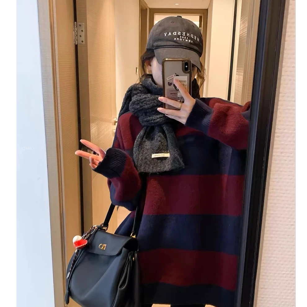 新款韩系慵懒风情侣软糯冬季中长款圆领条纹宽松显瘦套头毛衣内搭