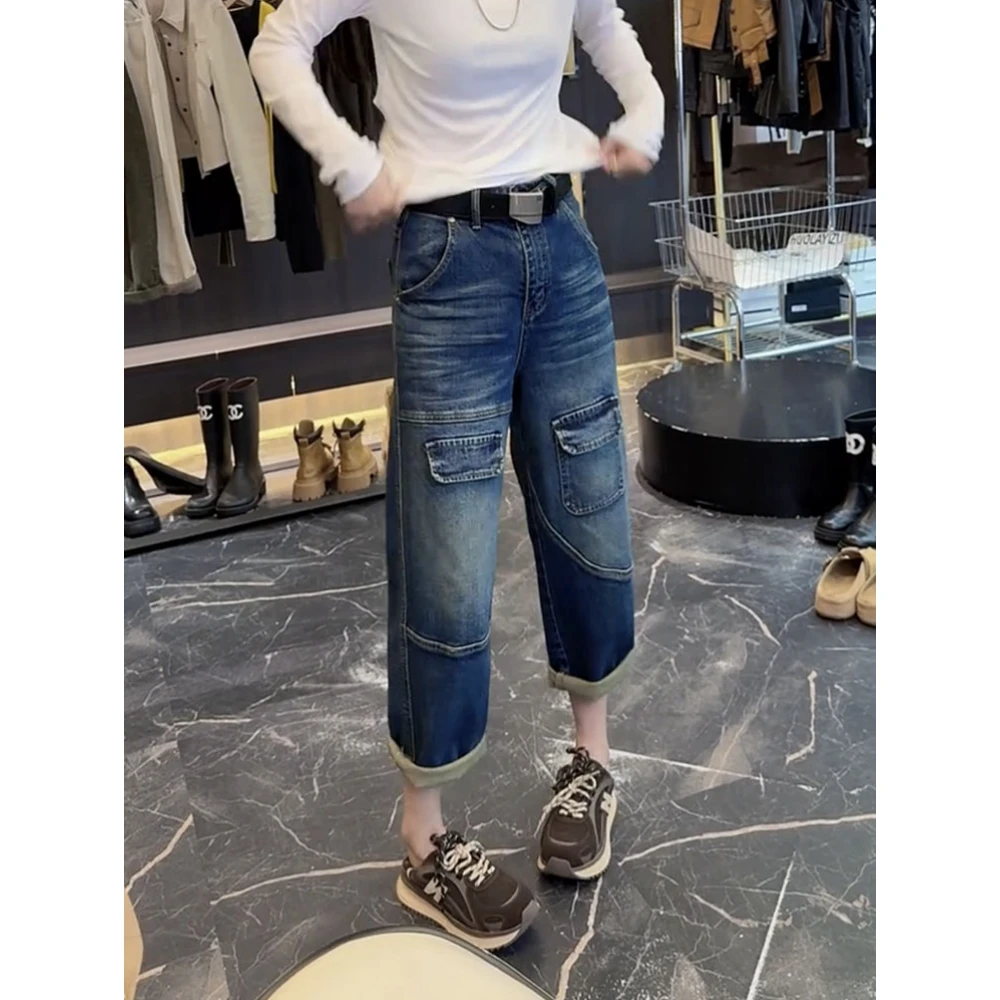 2025秋季新款九分直筒牛仔裤女显瘦遮肉哈伦裤大码遮肉洋气工装裤