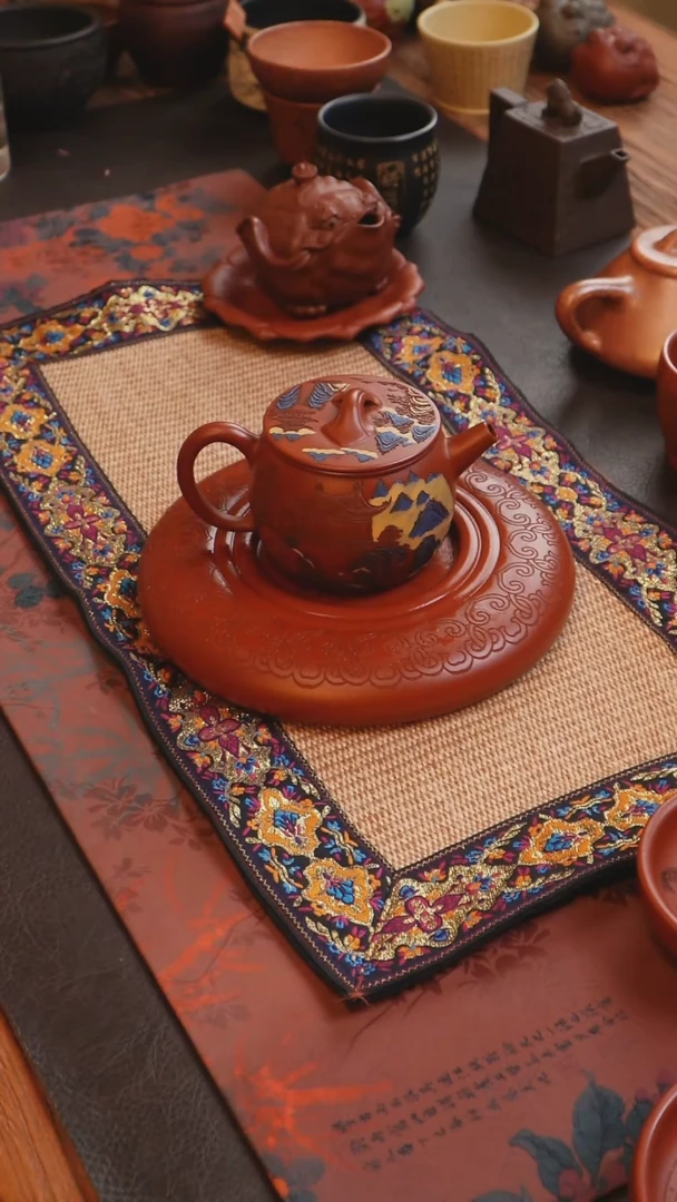 茶杯紫砂见素造器堆绘蓝黄彩色茶壶