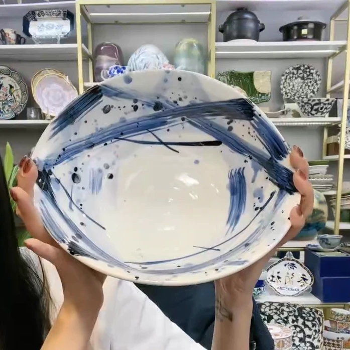 新品五【单支】日本进口濑户烧吴须格子薯片型陶瓷盛钵25.3cm×20cm