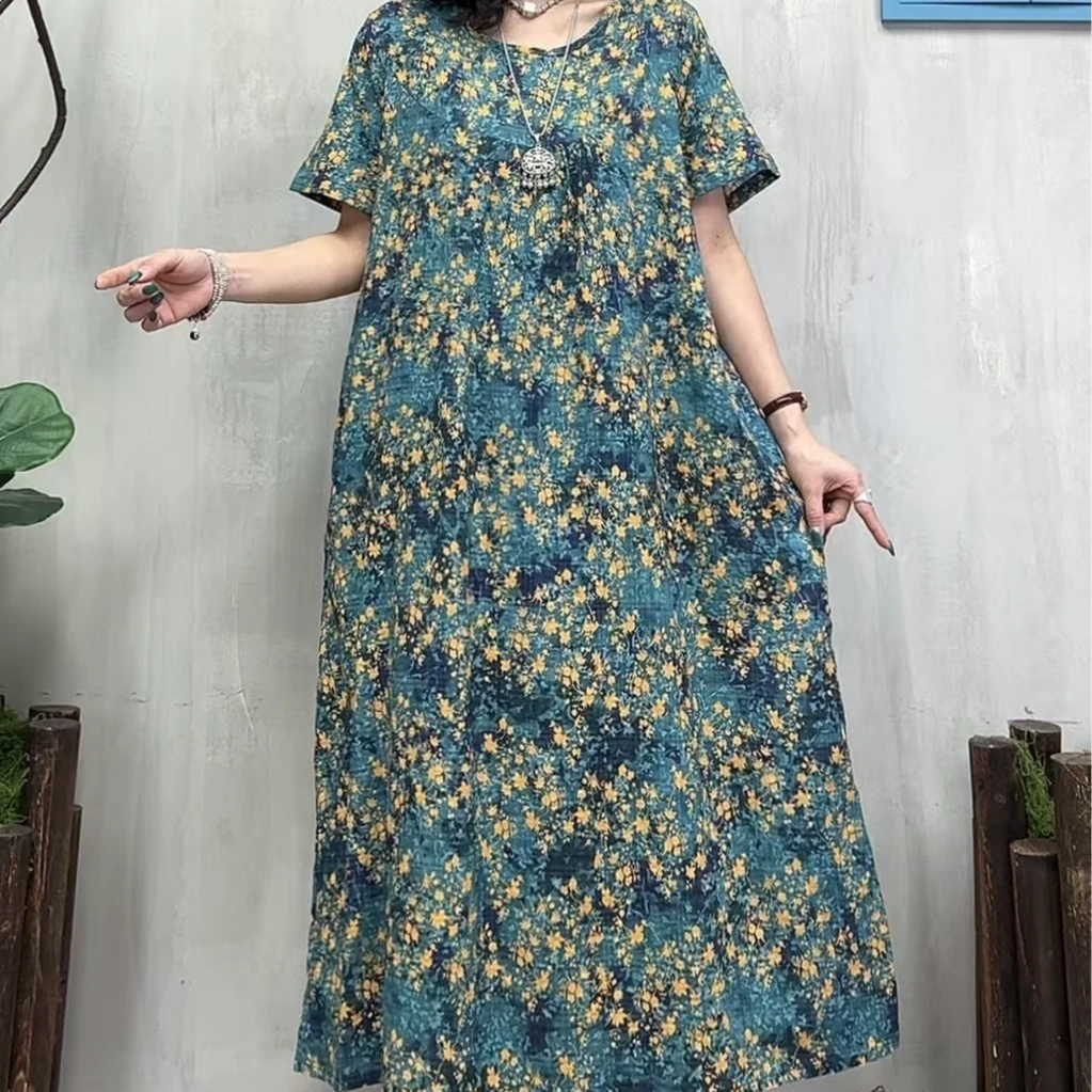 9884新款夏季优雅减龄宽松遮肉碎花连衣裙QZ