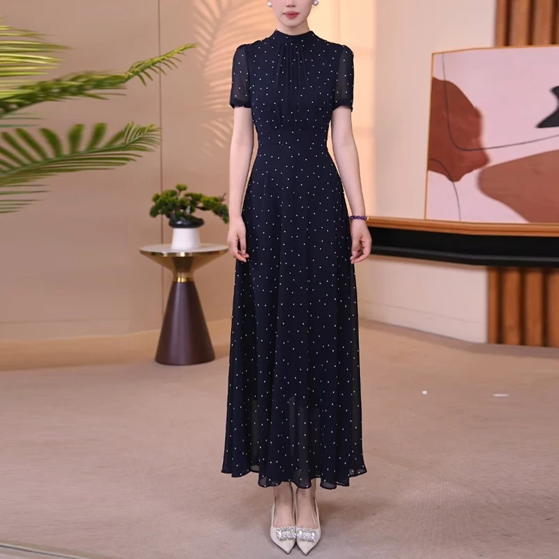 藏青色小波点立领气质大摆长裙2025夏季新款优雅显瘦连衣裙
