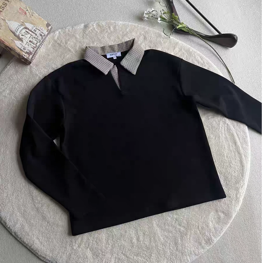 千鸟格拼接polo领男款cleanfit短款卫衣重磅宽松休闲格子领老钱风