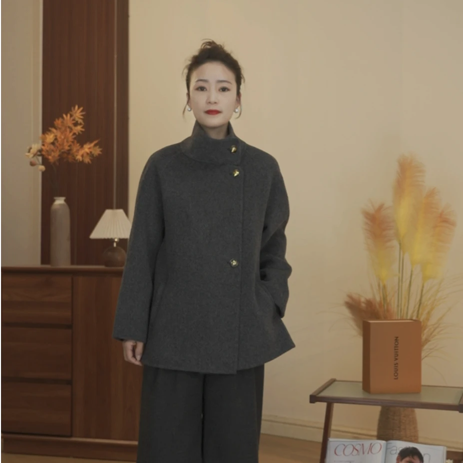 织禾家100%绵羊毛2025订单款高端立领双面纯羊毛大衣显瘦外套短款
