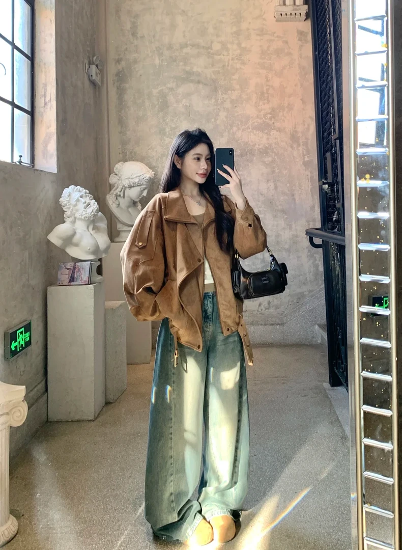 2025秋冬新款美德拉穿搭复古鹿皮绒机车外套搭配牛仔裤显瘦两件套