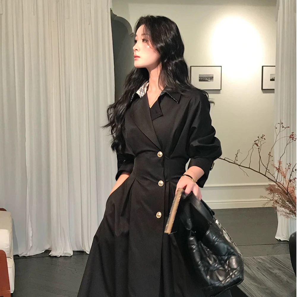 李不婉【DU家”显瘦“】收腰格纹拼接单排扣中长款风衣