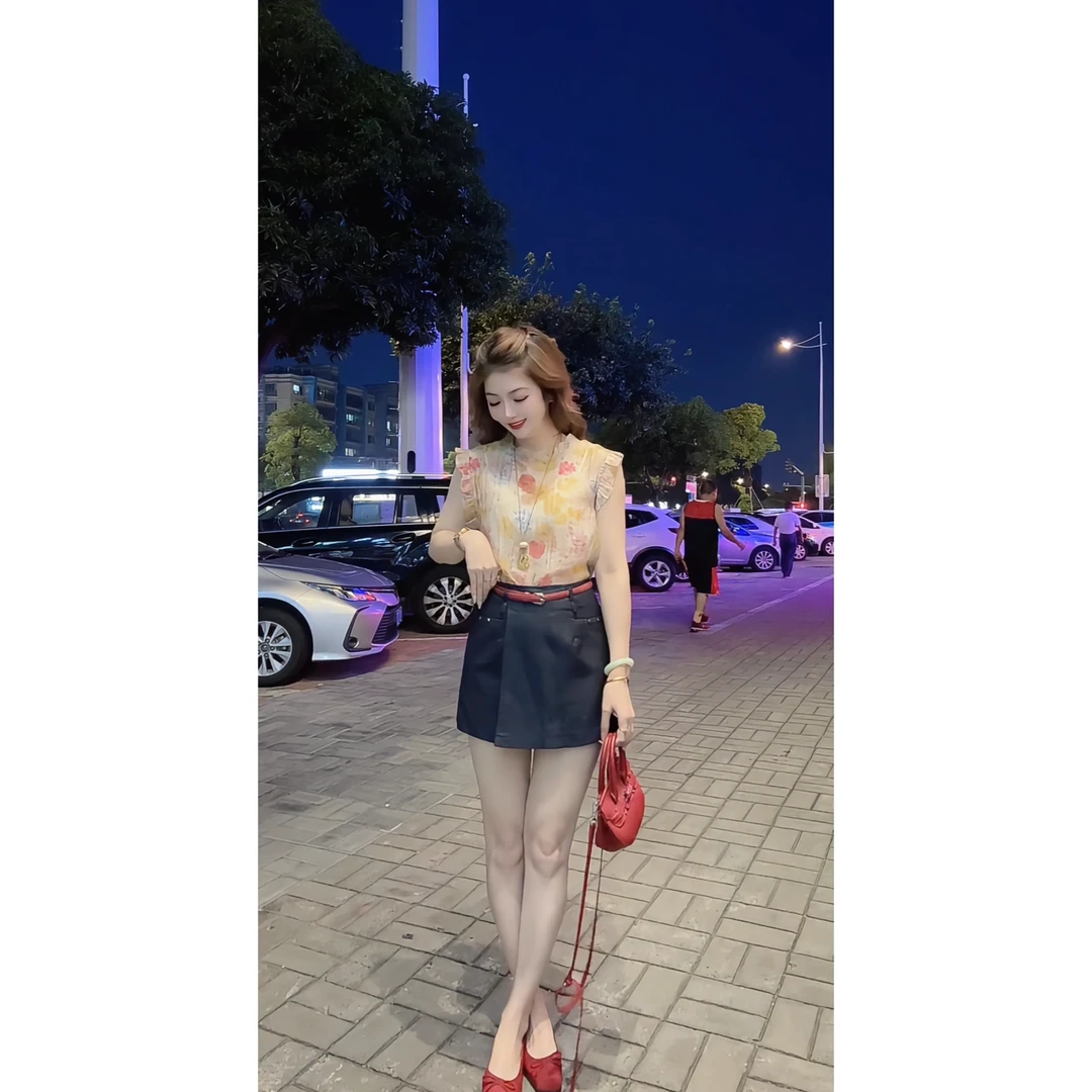涵儿家 后背小心机木耳边无袖碎花上衣 VS不规则半身牛仔裤裙8503