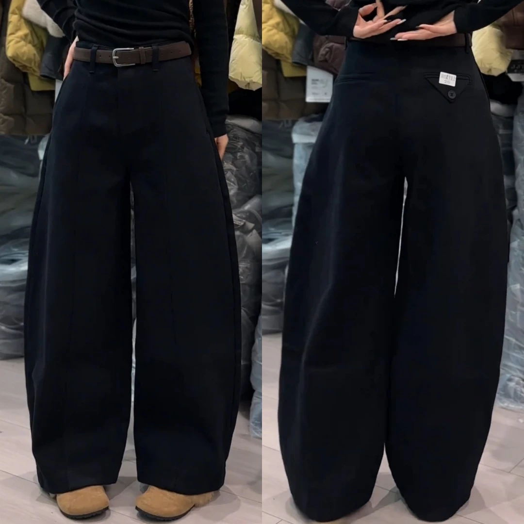 景倩妮时尚气质高级感弯刀休闲裤2025冬季新款加绒显瘦窄版阔腿裤