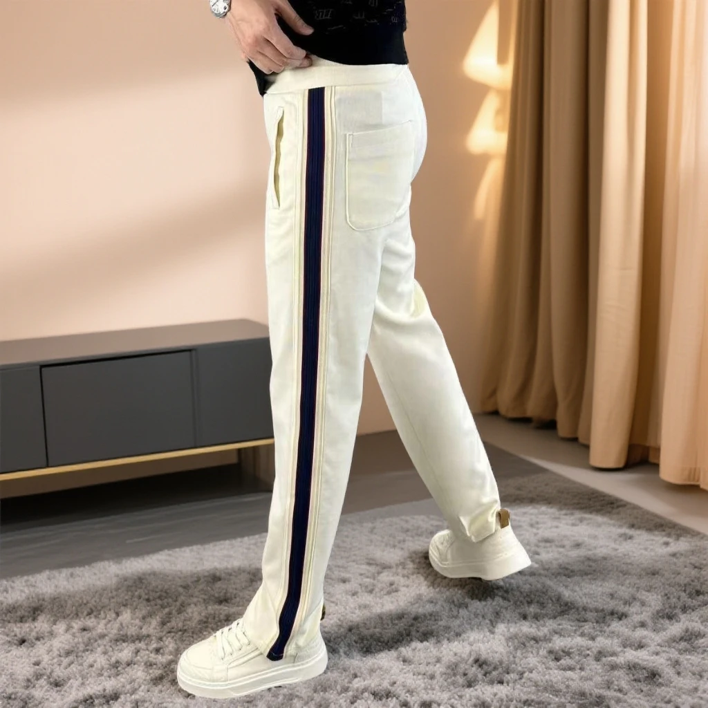 男士运动直筒休闲裤加绒厚款条纹织带阔腿裤韩系简约男长裤子爆款