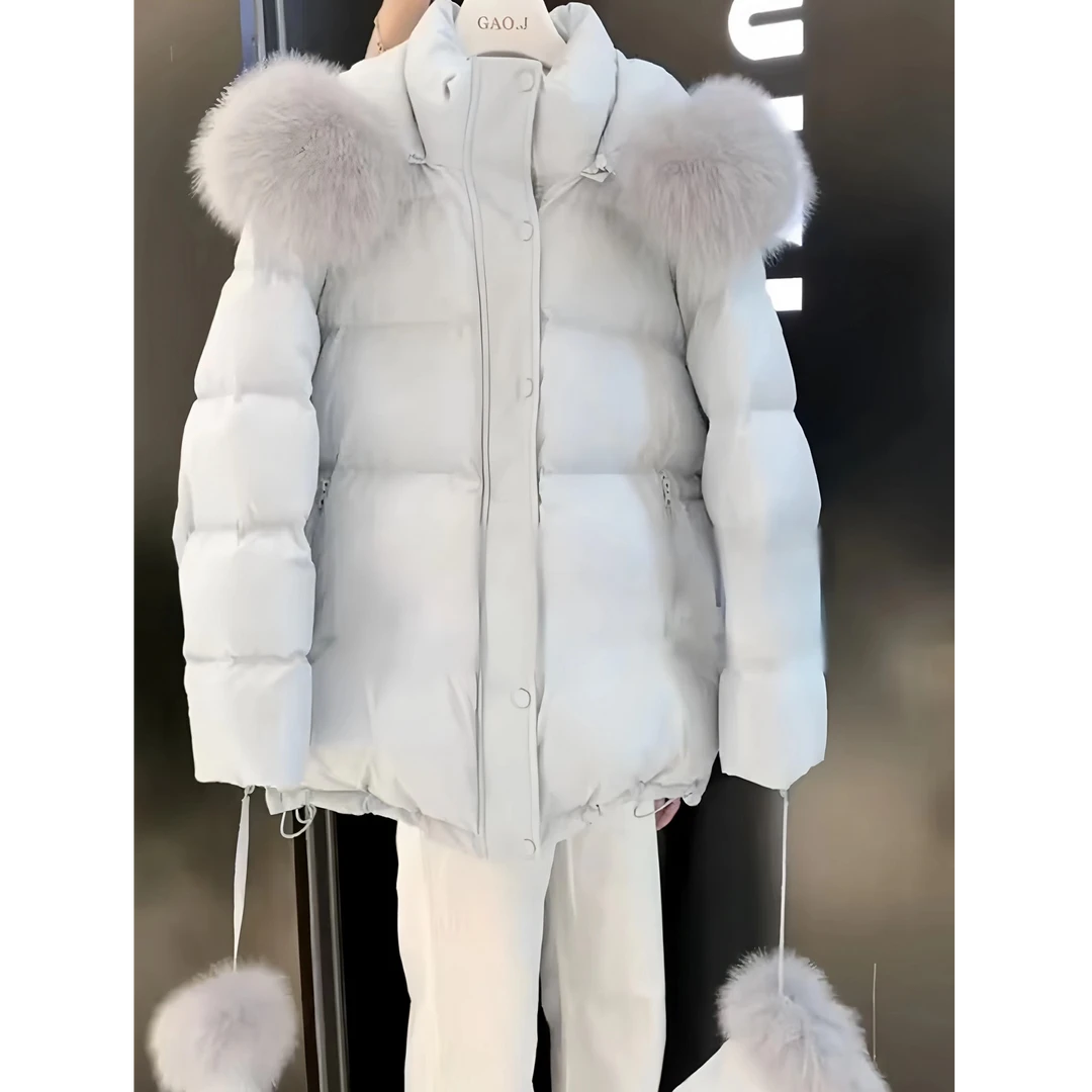 韩系高级感蓝色大毛领连帽棉服女2025冬季新款设计感加厚保暖外套