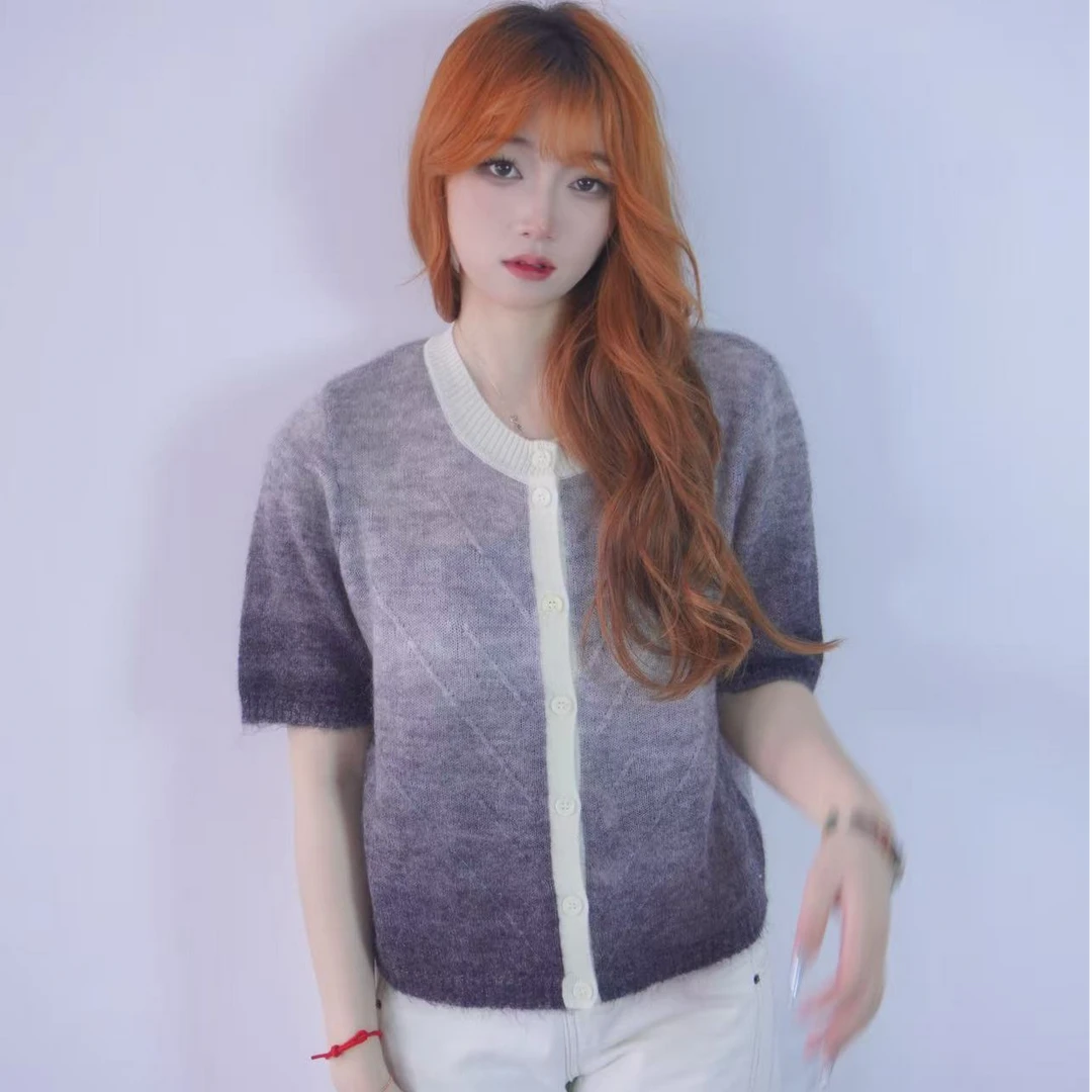 【Stalyniwo】2025春夏新款针织百搭渐变气质炫彩休闲时尚短袖开衫