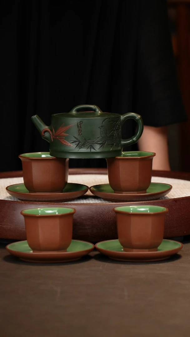 茶壶紫砂【张赦棠】绿泥竹节套组+梅兰竹菊四条屏+央妈碗杯200c