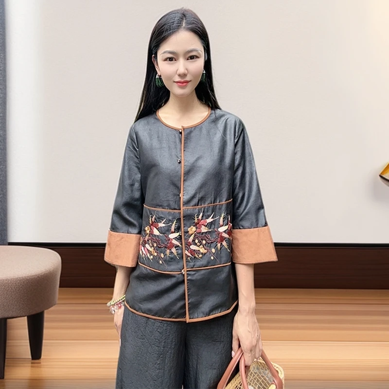 新中式香云纱上衣桑蚕丝刺绣国风百搭时尚气质短袖上衣WB2504641