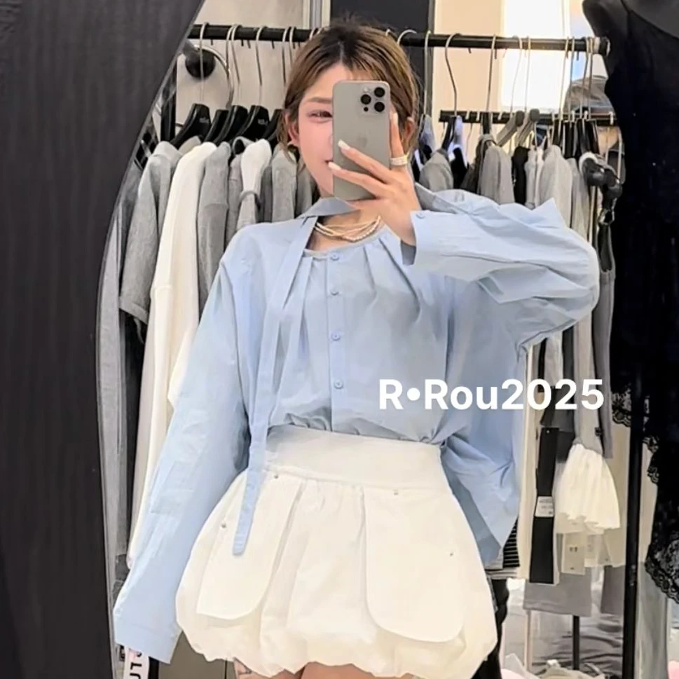 ROU-ROU)JIA百搭时尚飘带圆领衬衣82R92