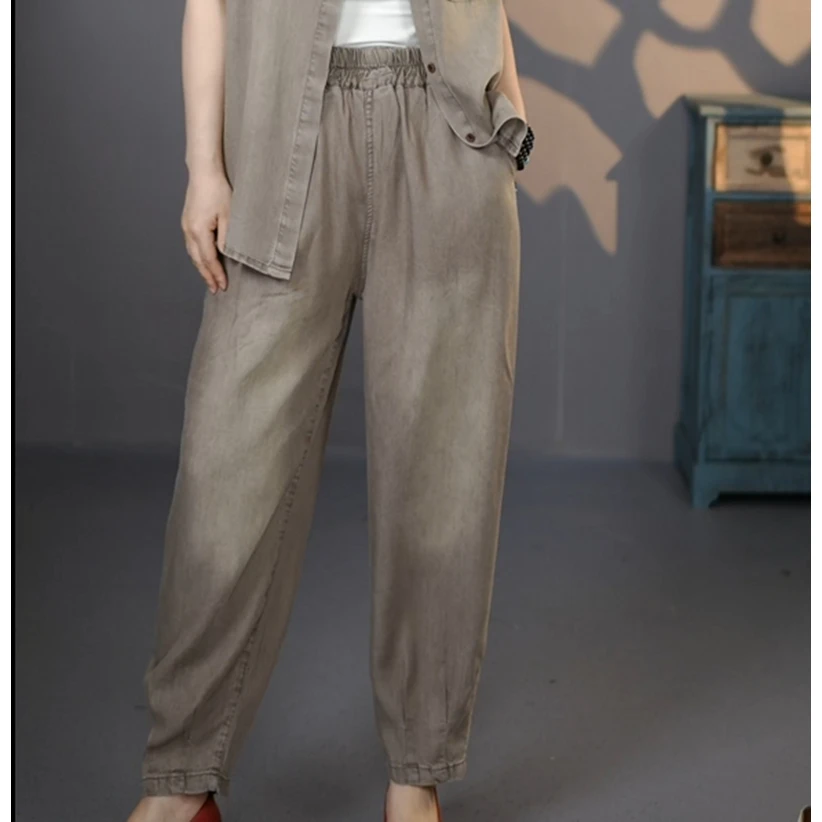 710#2025文艺复古做旧莫摩卡牛仔中裤松紧腰贴布八分裤洋气