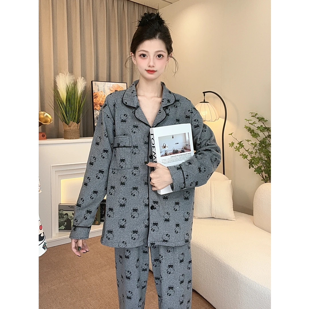 【满印KT】德绒睡衣女秋冬季保暖长袖开衫甜美卡通可爱家居服套装