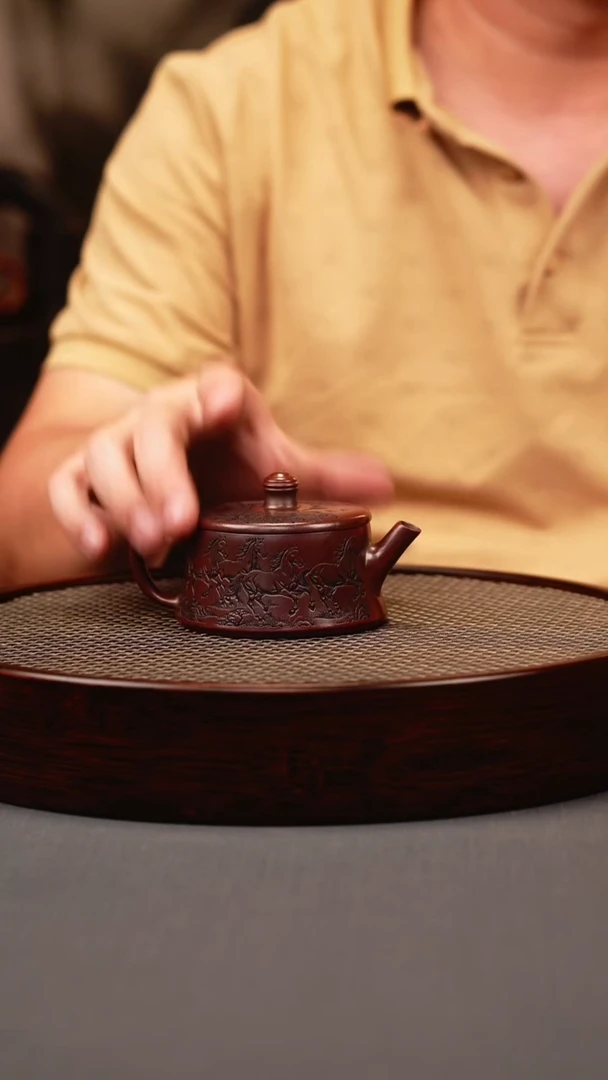 茶壶紫砂古红泥 柱础 刻绘