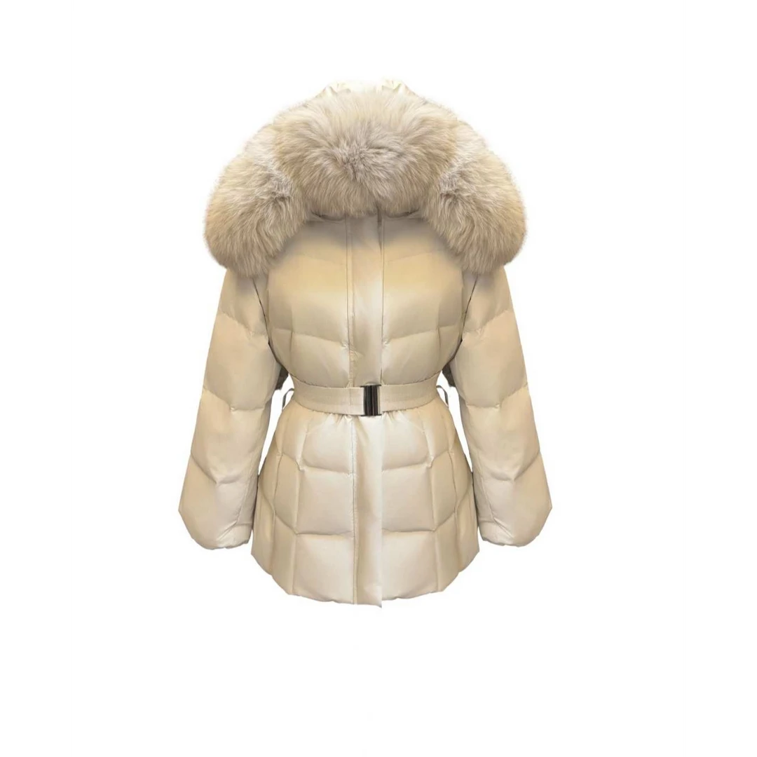 女装女款修身时尚大狐狸毛女式白鹅绒收腰冬季短款保暖连帽羽绒服