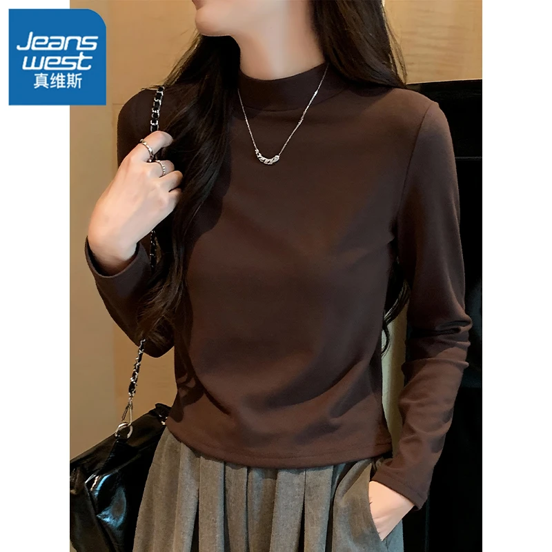 真维斯深咖色半高领打底衫女秋冬内搭修身长袖正肩上衣叠穿T恤
