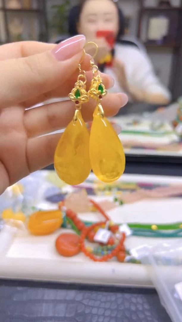 蜜蜡14K金镶嵌耳饰DIY款E18