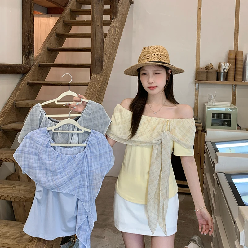 【涵胖胖】2025夏新胖mm大码法式温柔风蝴蝶结一字领T恤A1704【B】