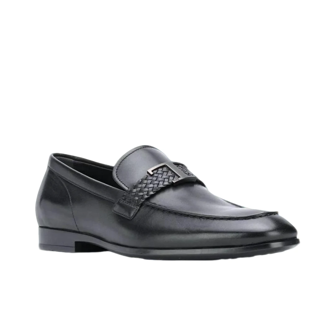 未使用 TOD’S/托德斯 经典T字扣皮质休闲乐福鞋圆头黑色低帮 男鞋