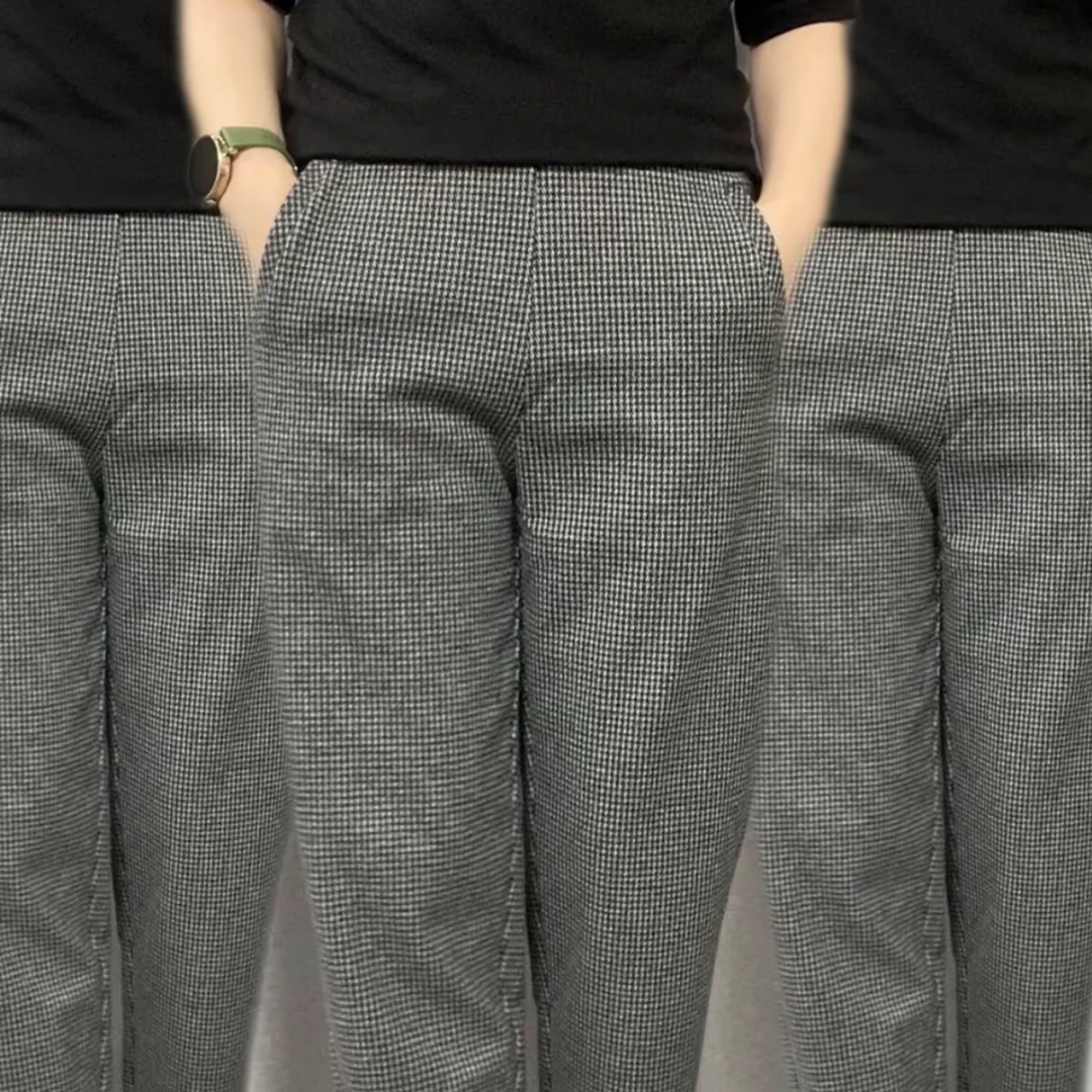 早春新款千鸟格经典款休闲裤高弹高腰高档百搭时尚减龄束脚裤
