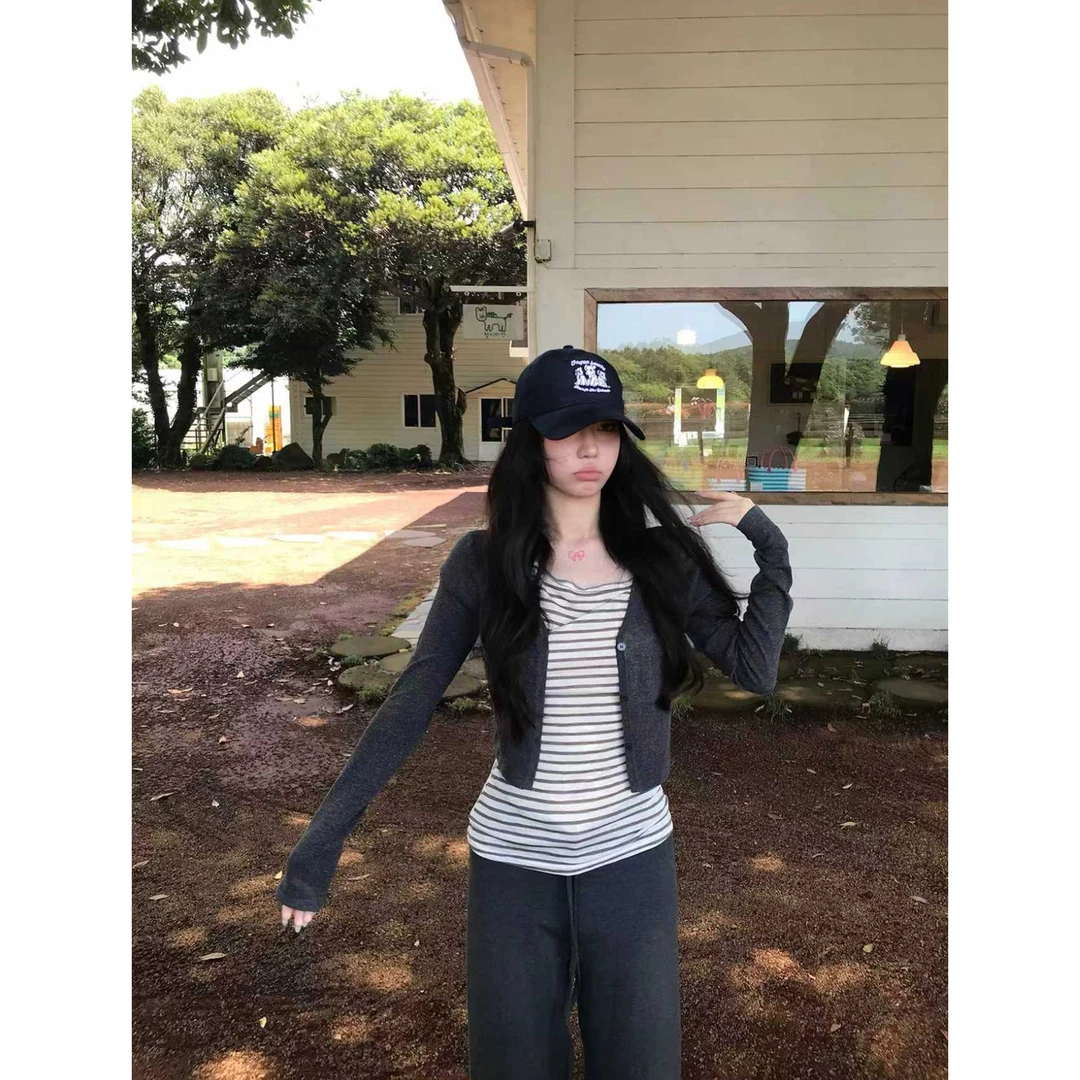 条纹斜肩短袖t恤+慵懒风针织开衫外套短款+同色系实穿长裤C 9160#