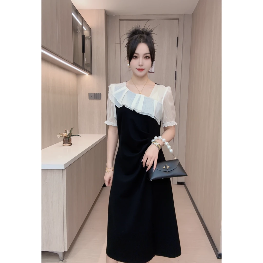 7064鱼鱼严选夏季新款大码简约款拼接设计气质百搭收腰显瘦连衣裙