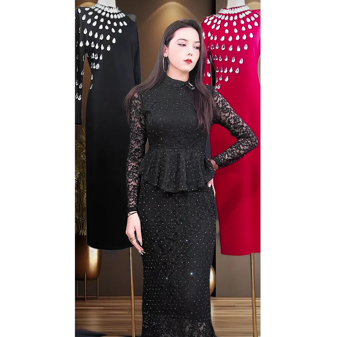 9883【包邮】千金名媛风蕾丝烫钻假两件拼接高级女装连衣裙