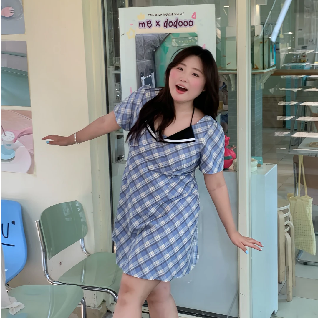 少女心肆【清甜欲妹】大码格纹绑带学院风V领收腰显瘦拼接连衣短裙