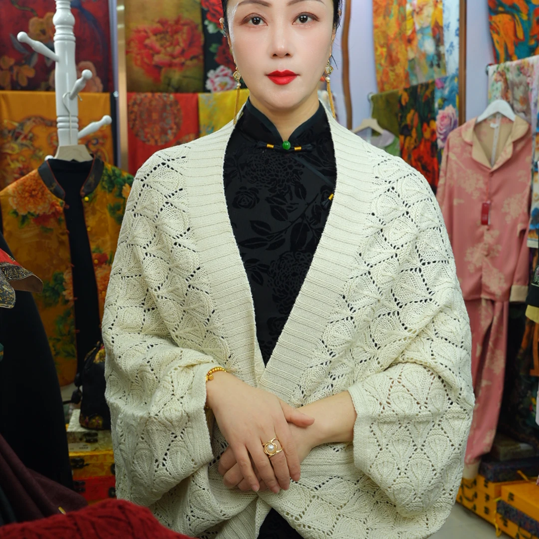 24 米色  针织丝毛 披肩  长款