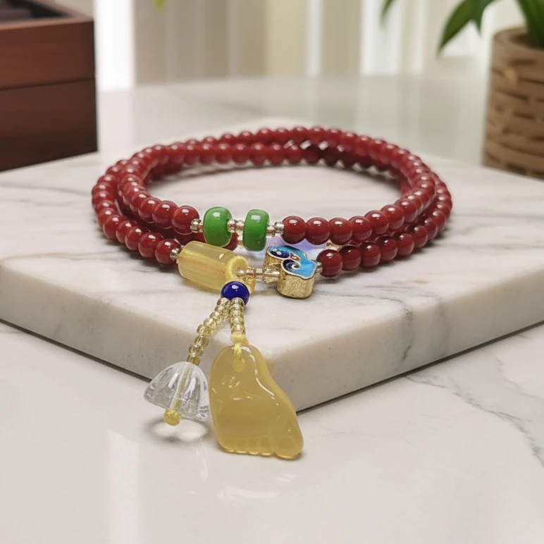 新款三圈事事红知足常乐小珠经4mm手链S159