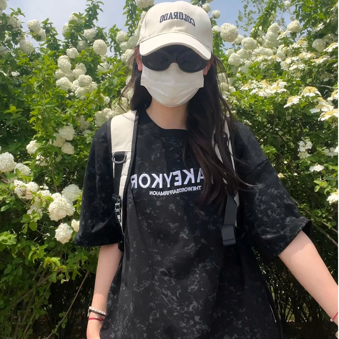 夏季扎染短袖刺绣大码半袖黑色T恤情侣ins男女百搭宽松圆领上衣潮