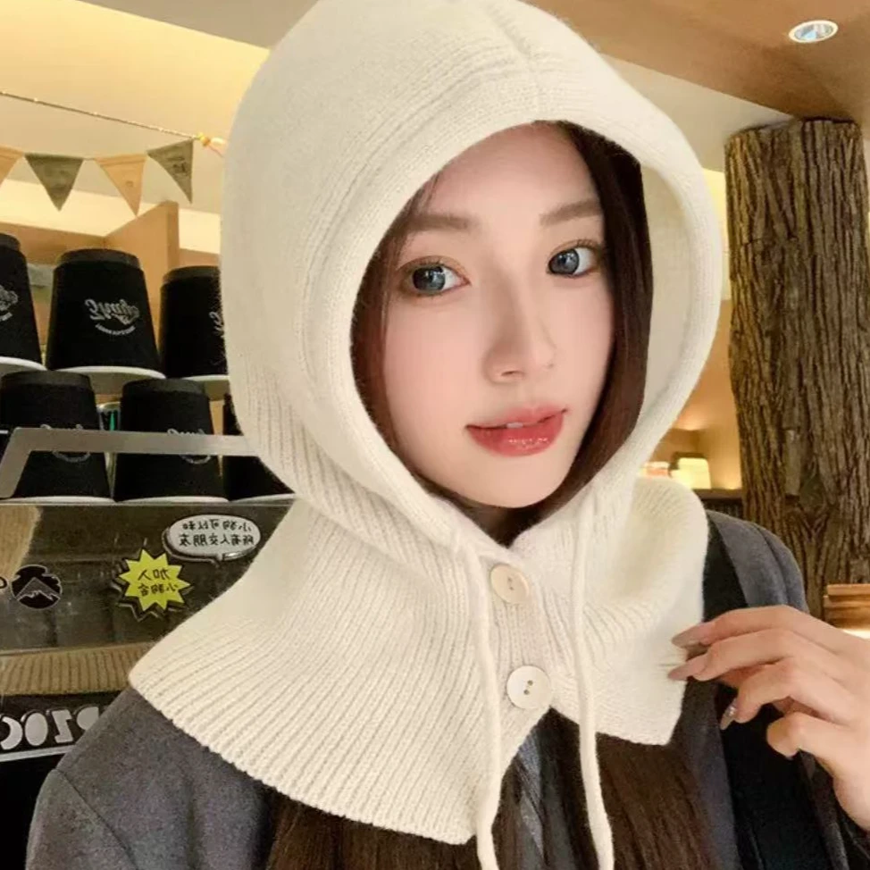 【专享】针织克拉克拉法帽带纽扣女秋冬季韩版保暖护耳包头帽