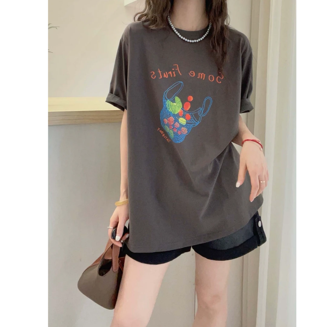 欧洲站2025新款复古港风时尚印花宽松短袖体恤女夏季百搭T恤上衣