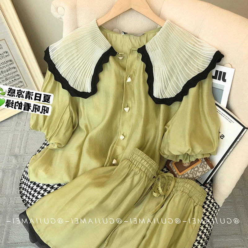 8475+8476娃娃领雪纺衬衫夏季新款法式休闲别致高级感绿色两件套