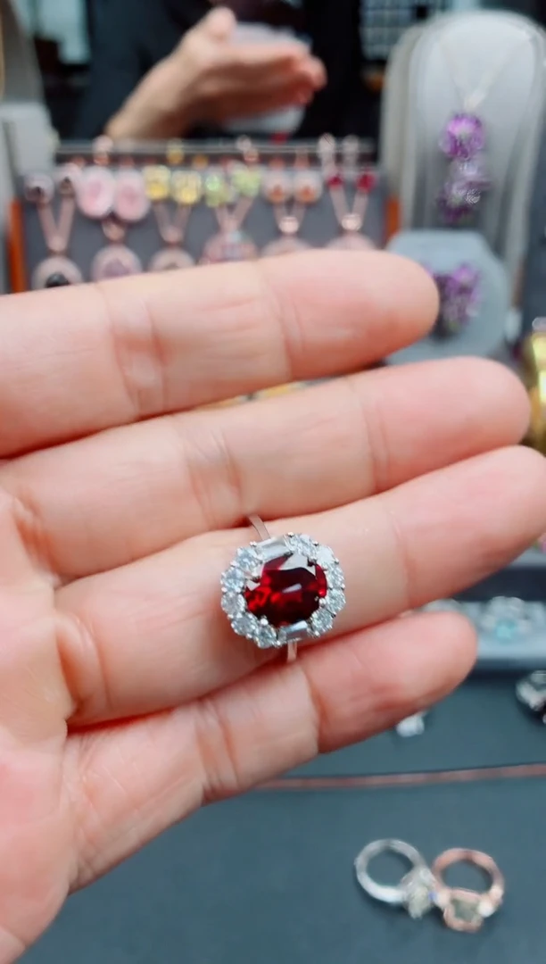 银S925镶嵌戒指石榴石采*石榴石戒指14#