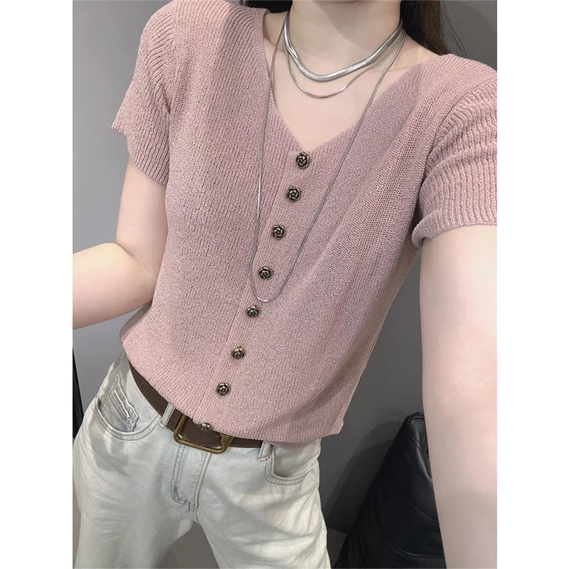夏新款V领纽扣冰丝针织开衫女短袖欧货气质修身百搭纯色上衣小衫