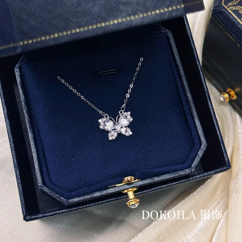 坠链均足银 999纯银闪钻蝴蝶项链女新款轻奢高级高送闺蜜生日礼物